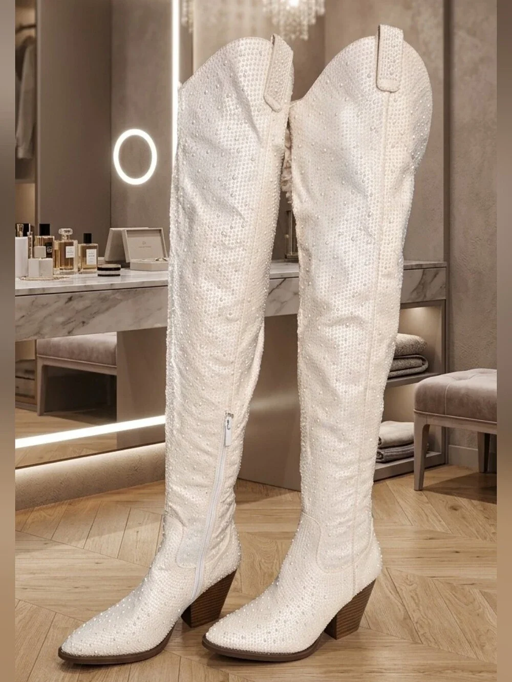 ✨ Forever Link White Rhinestone Over-The-Knee Cowgirl Boots 7.5